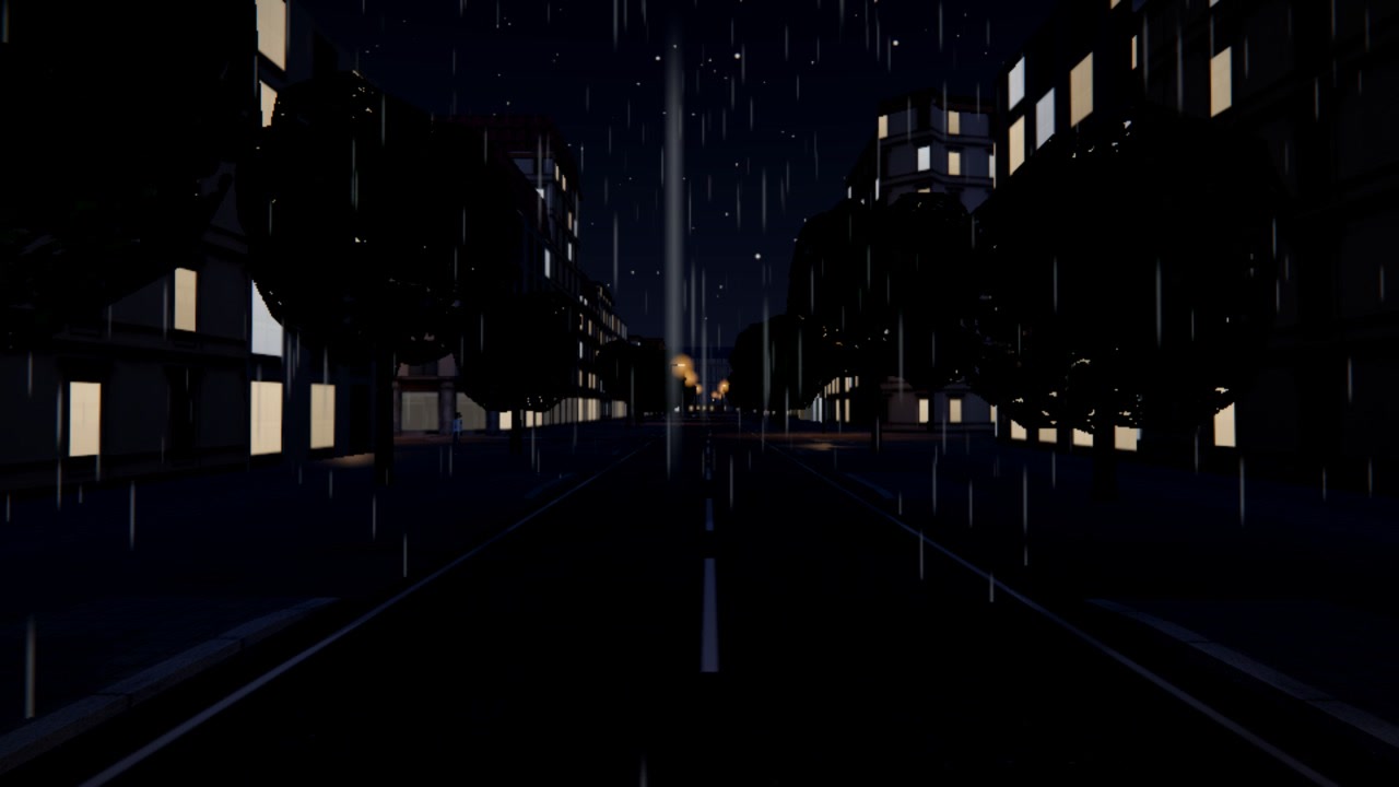 A city street at night with street lamps, lit windows and reflections on wet asphalt