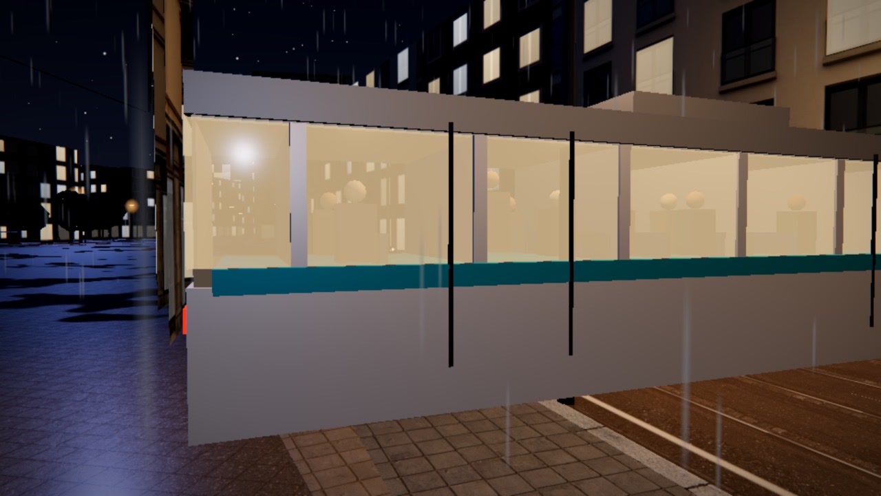 A white and turquoise tram on its rails in the old town with passengers visible behind the windows